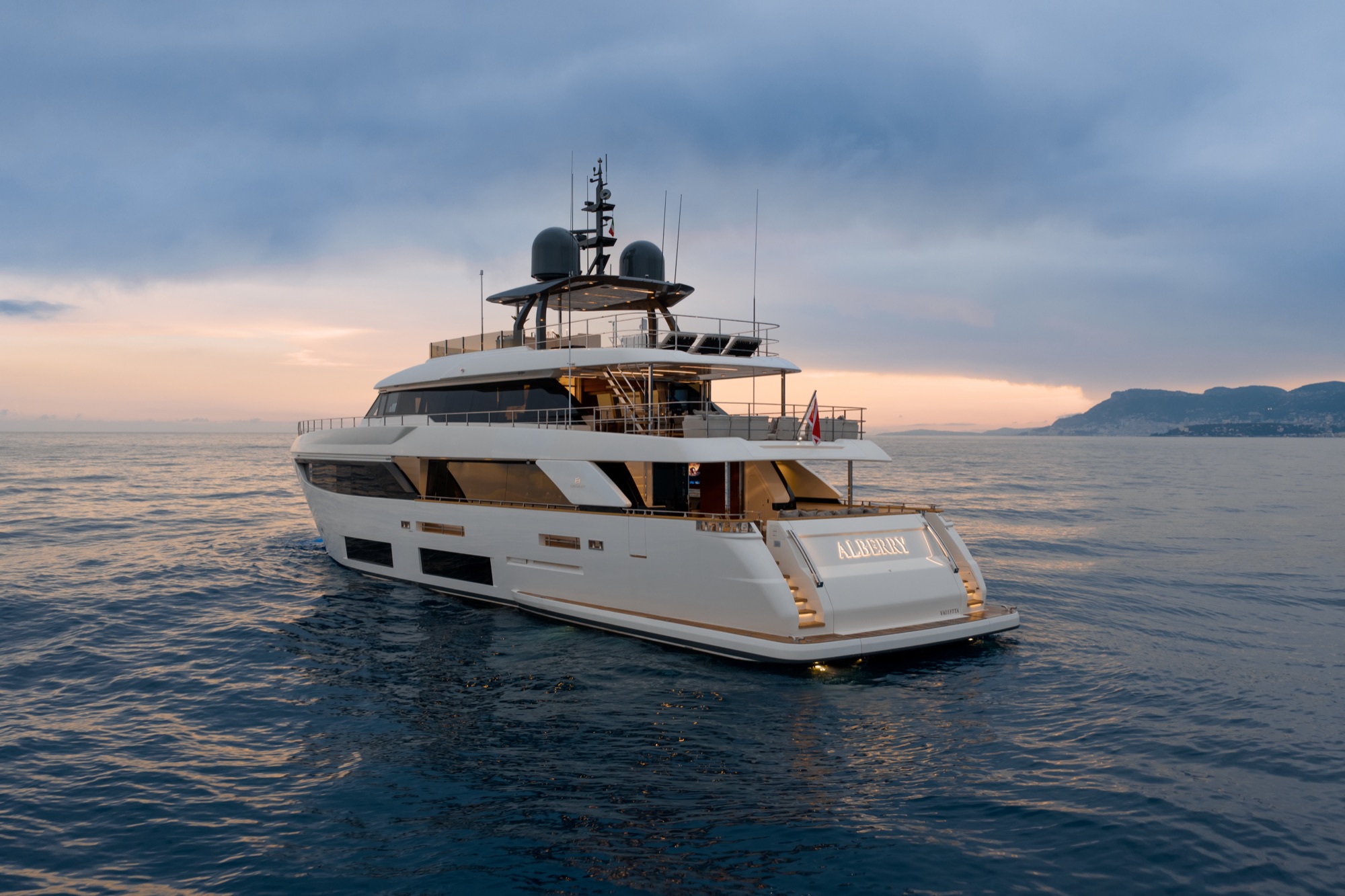 M/Y ALBERRY at anchor at sunset